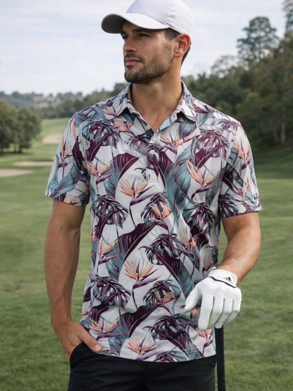 Bad Birdie Mens Tropical Bird of Paradise Floral Golf Polo Shirt Purple Size M‎